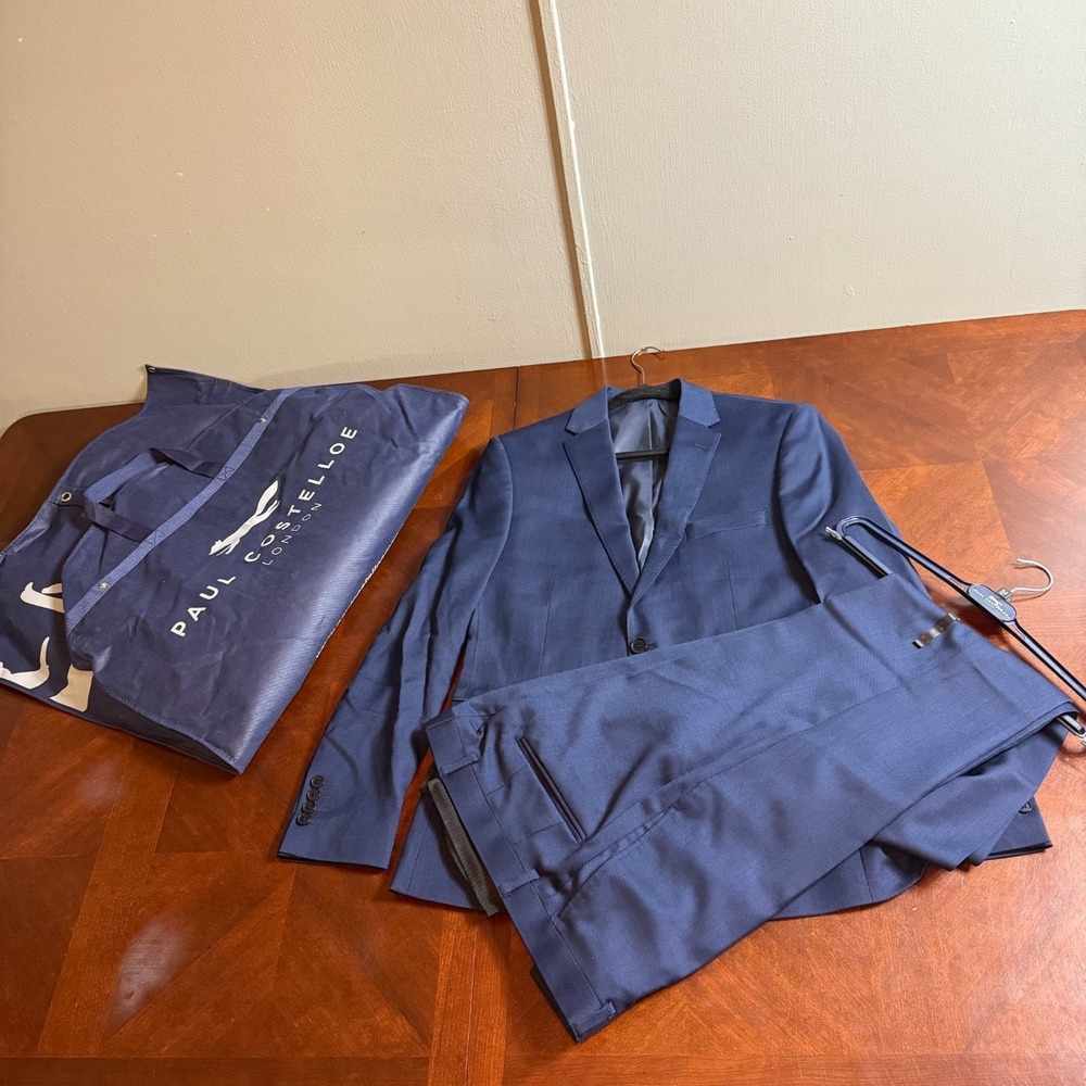 PAUL COSTELLOE Blue‎ Wool 2 Piece Suit 38 Jacket Trousers W 34